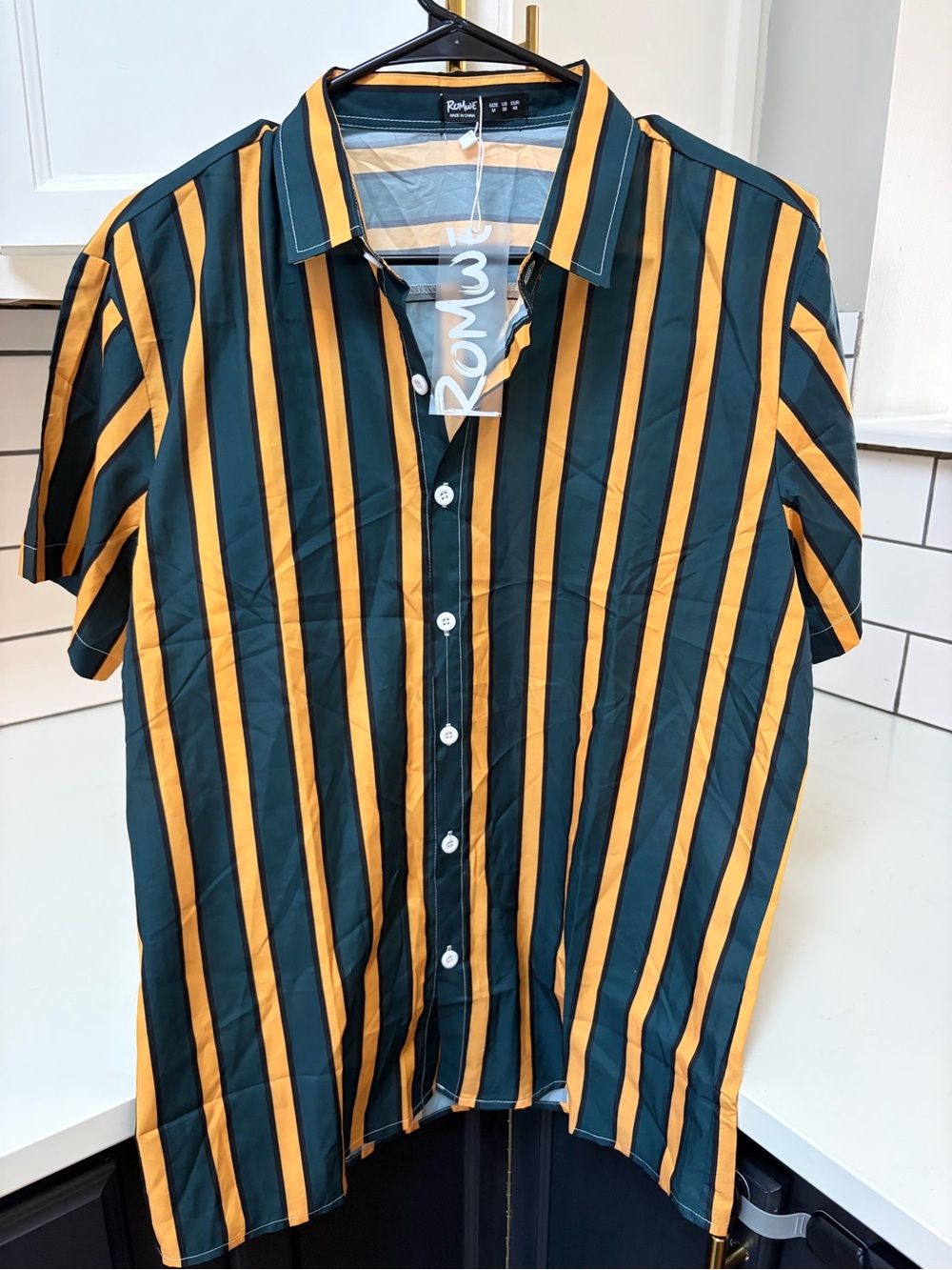 Romwe Stripe Short-Sleeve Shirt - Dark Green & Mustard